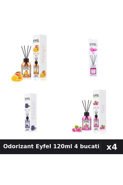 Eyfel Set 4 Odorizant Camera Betisoare 120ml - Mango, Bubble Gum, Zambile, Tr...