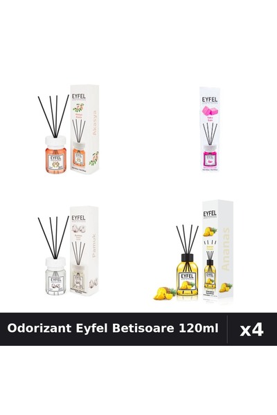 Eyfel Set 4 Odorizant Camera Betisoare 120ml - Acacia, Ananas, Bubble Gum, Bu...