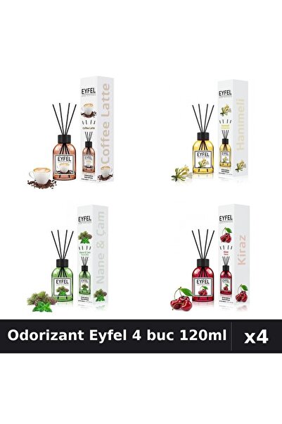 Eyfel Set 4 Odorizant Cameră Betișoare 120ml - Cafea, Cireșe, Mână Maicii, Pi...