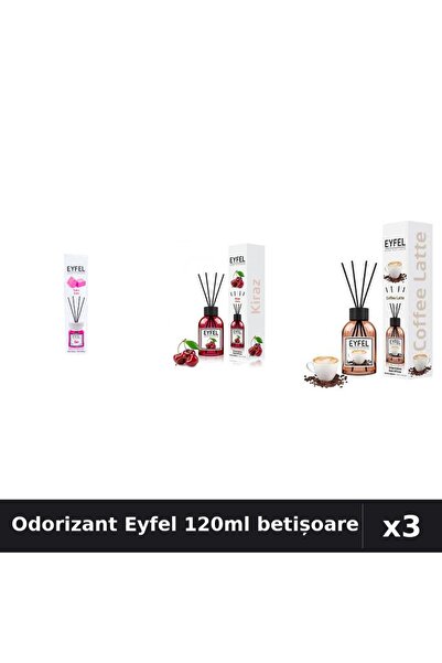 Eyfel Set 3 Odorizant Cameră Betișoare 120ml - Bubble Gum, Cireșe, Cafea