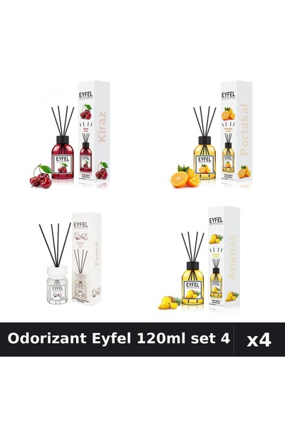 Eyfel Set 4 Odorizant Camera Betisoare 120ml - Cireșe, Portocală, Bumbac, Ananas