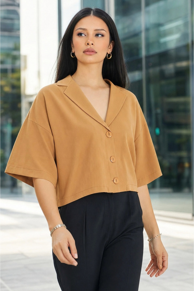 Modark Women's Biscuit Color Short Sleeve Crop Shirt Jacket - Blazer Collar O...
