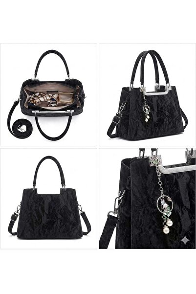Gernic Women's Black Textured PU Leather Handbag – Top Handle Tote Bag with S...