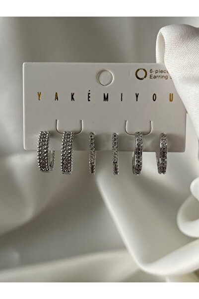 yeknova VIP 14K Gold Renginde Taşlı 3 Çift (6adet) Kararmaz Kadın Halka Küpe ...
