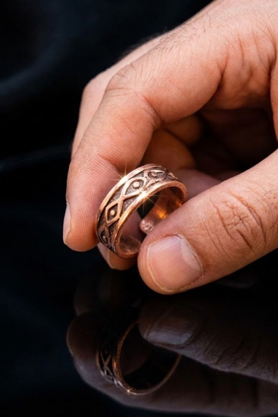 OSMANLI GÜMÜŞ Men's Pure Copper Ring with Infinity Pattern Adjustable Men's C...