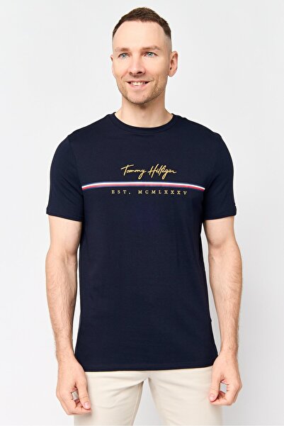 Tommy Hilfiger Men Crew Neck Short Sleeve Embroidered Logo T-Shirt, Dark Navy