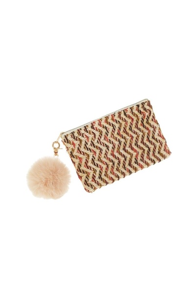OEM Beige Straw Glasses Case, Colorful Zigzag Pattern and Pompom, Summer Style
