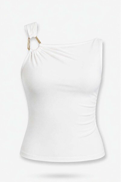 5in1Canpolat Asymmetrical Collar Blouse with White Metal Accessories 11054