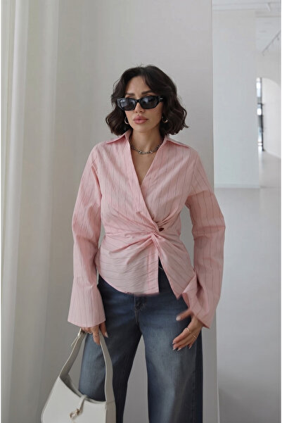 SHILSEE BEUTİQUE Pink Striped Women's Shirt with Knot Detail on the Front