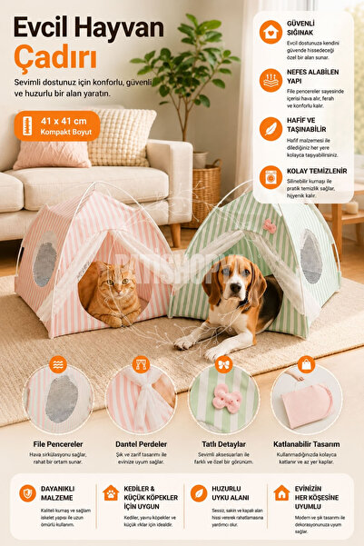 PATİSHOPYA Evcil Hayvan Çadırı Kedi Köpek Evi 41x41 Cm Katlanabilir File Penc...
