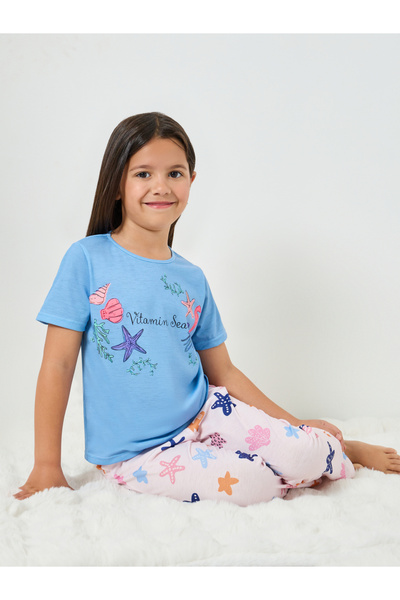 Styli Girls Blue Sea Print Short Sleeve T-Shirt and Pyjama Set