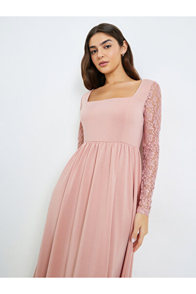 Styli Pink Lace Sleeves A-Line Maxi Dress