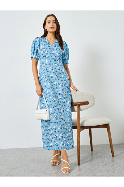 Take Two By Styli Blue Floral Maxi Dress with Puff Sleeves