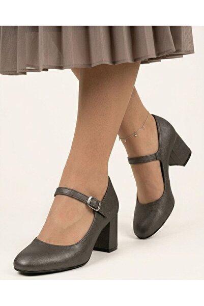Gönbeler Gray Lame Thick Block Heeled Shoes - Buckle Detailed Women's Casual ...