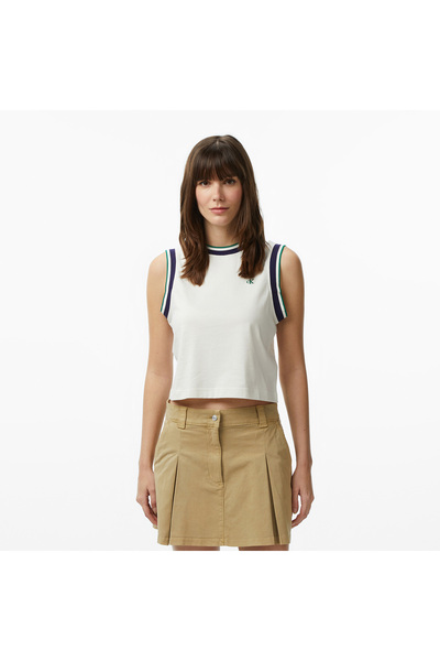 Calvin Klein Monogram Stripe Kadın Beyaz Kolsuz T-Shirt