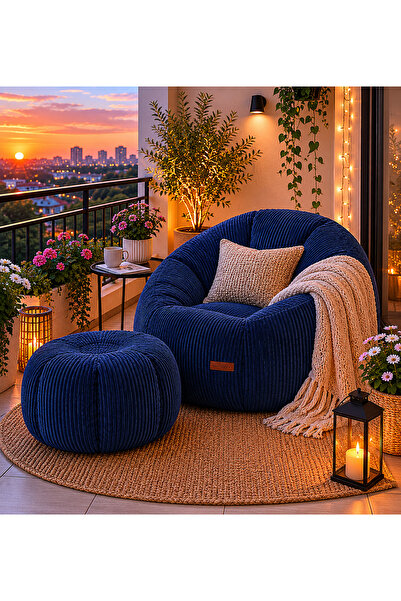 puffiber Balkon Takımı Büyük Puf Koltuk ve Ayak Pufu Seti – Bahçe, Teras ve Okuma Köşesi İçin Konforlu Berjer 95x80 Cm