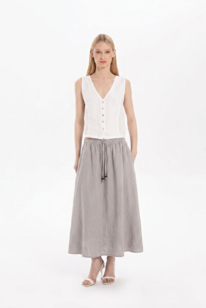 İpekçi Otantik Linen Long Bell Skirt Stone Gray