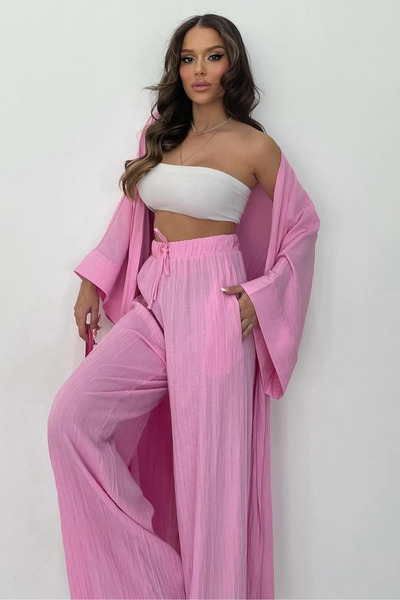 Nana & Mayka Moda Set kimono roz pentru femei, cu șliț lung, textură seersuck...