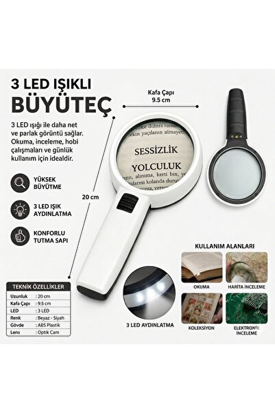 Neler Geldi Neler 3 Ledli 10x95mm Işıklı Mercekli El Büyüteci Okuma Tamir Kit...