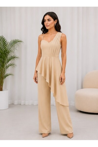 OEM Elegant women's jumpsuit with asymmetrical ruffle and wide straps, palazz...