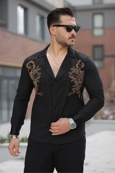 BAYIM Kruvaze Yaka Detaylı Slim Fit Taş Baskılı ve Çizgili Tasarım Erkek Gömlek