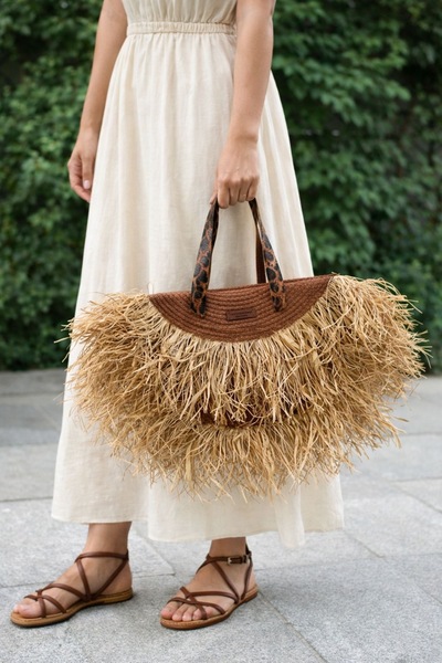 NA ADDESIGN Handmade Bohemian Style Tasseled Straw Beach Bag – with Leopard S...