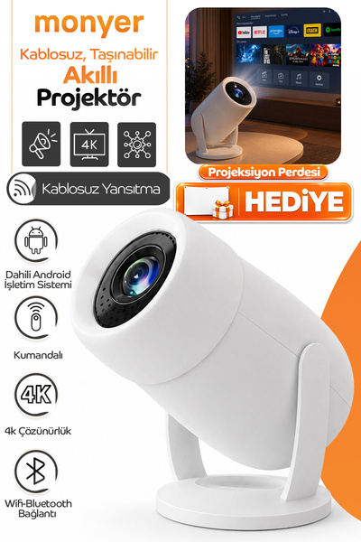 Monyer Taşınabilir 4K Android Projektör Wifi Bluetooth Destekli Akıllı Sinema...