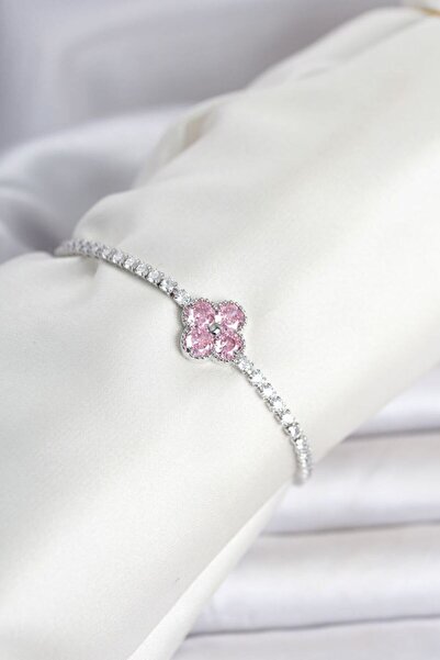 norsary Brass Silver Color Pink Zircon Stone Clover Model Waterway Women's Br...