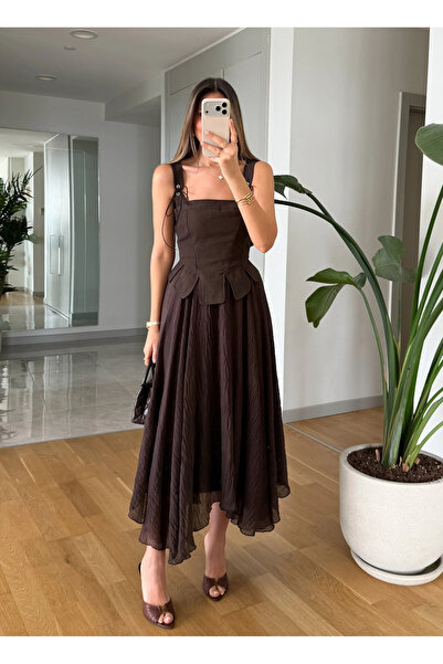 My Blog Brown Crinkled Elastic Waist Midi Skirt - De261022