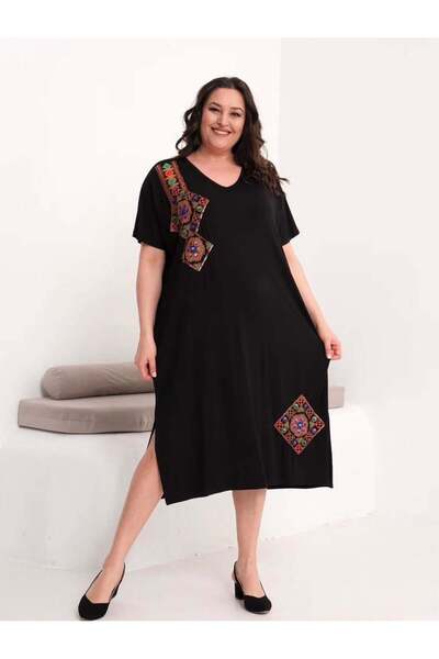 kısmet sepeti Women's Black Shoulder and Skirt Embroidery Patterned Combed Co...