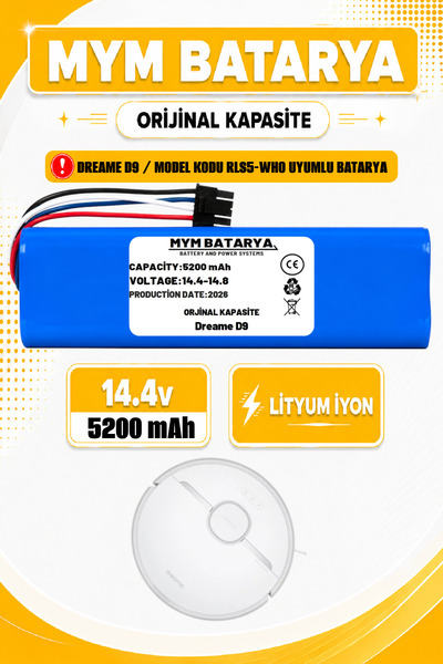 MYM BATARYA Dreame D9 Uyumlu Robot Süpürge Bataryası (ORİJİNAL KAPASİTE) 5200...