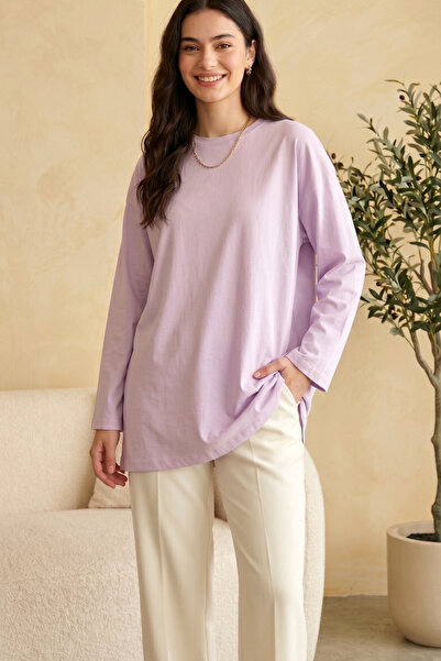 SADEL Oversize Yakası Yuvarlak Tunik - Açık Lila