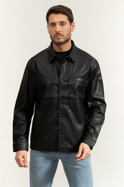 Calvin Klein LS Faux Leather Shirt Jacket Erkek Deri Mont Siyah