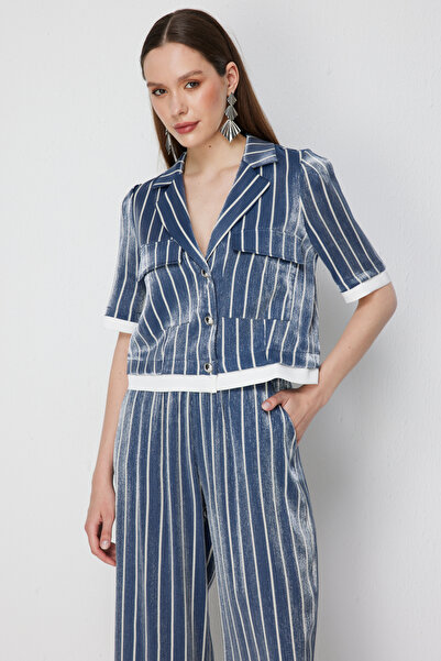 ON TRİKO Striped Crop Jacket with Ten Cover Pockets