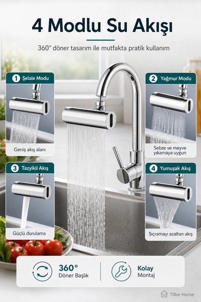 Tilbe Home 4 Modlu 360° Döner Akıllı Musluk Başlığı Şelale Fıskiye Mutfak Armatür Lavabo Batarya Çeşme Ucu