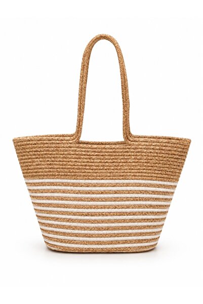 minebag Striped Patterned Strap Beach Straw Women's Shoulder Bag Salva