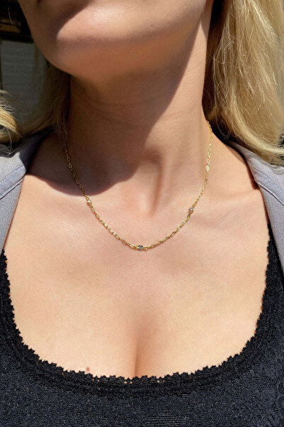 Spossy Silver Jewelry 925 Ayar Gümüş, Gold, Minimal Taşlı Zincir Kolye