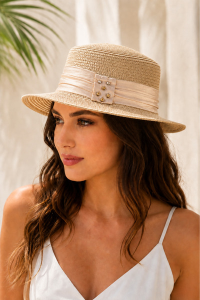tibo Women's Satin Band Stone Detailed Straw Hat Stylish Summer Beach and Sun...