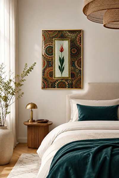 sayetablo Crimson Tulip - Gerçek Cama Baskı Gold Alüminyum Metal Çerçeveli Te...