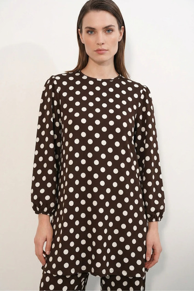 Şeker Portakalım Women's Round Neck Polka Dot Patterned Light Brown Set