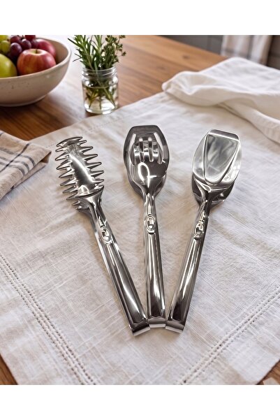 SEÇKİNEV 3 Piece 430 Steel Non-Toxic Stainless Gold& Silver Tongs Set
