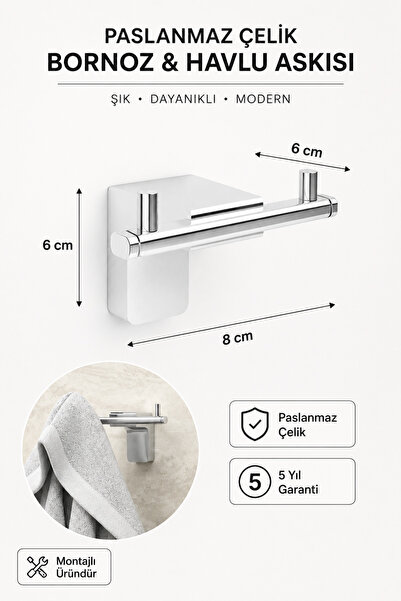 Alper Banyo Premium F1 Model Krom Bornoz ve Havlu Askısı Paslanmaz Çelik Montajlı Banyo Havluluk 5 Yıl Garantili