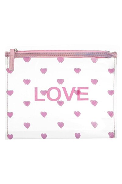 OEM Summer Pink Holographic Sheer PVC Cosmetic Bag, Heart Pattern, LOVE Messa...