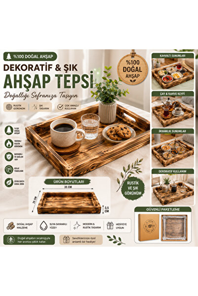 Leur Home Decorative Wooden Tray 35X25 cm Rustic Presentation Tray with Burnt...