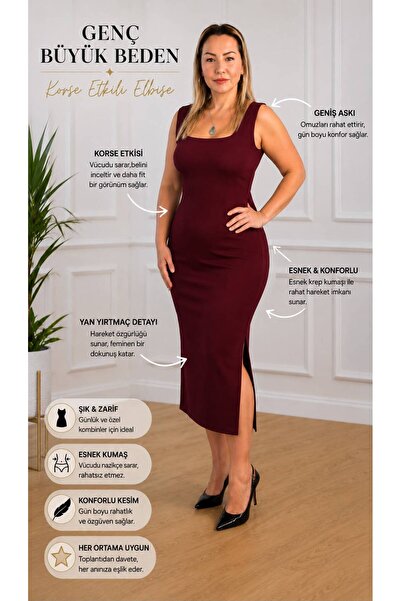 SİBELİZE Women's Burgundy Square Neck Thick Strap Midi Pencil Dress with Slit...