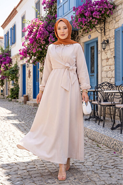 EBRUTESETTÜR Side Tie Striped Hijab Dress Beige