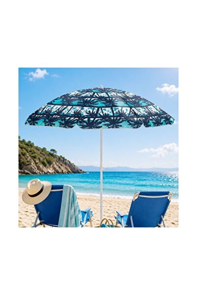 OEM Blue Beach Umbrella with Palm Trees, Durable Metal Frame, Sun Protection,...
