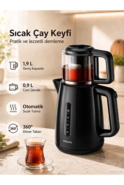 Philips Cam Demlikli Elektrikli Çay Makinesi Çaycı 1.9 Litre Geniş Hazneli Su...