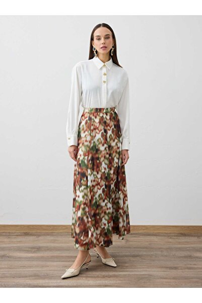 Refka Abstract Patterned Chiffon Skirt - Brown - Green Abstract Pattern -