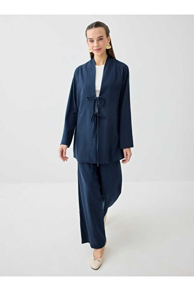 Benin Tie-Detail Tunic & Trousers Double Linen Set - Navy Blue -